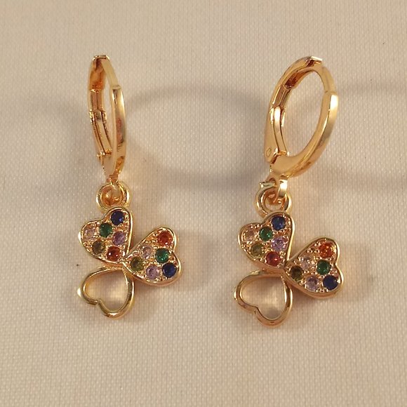 18K Yellow Gold Filled Hollow Heart Flower Diamond Topaz Zircon Dangle Earrings - Picture 2 of 4